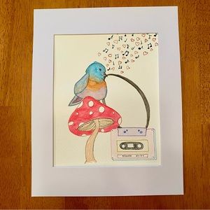 Blue Bird & Mixtape hand painted watercolor art with an 11x14 mat ready to frame